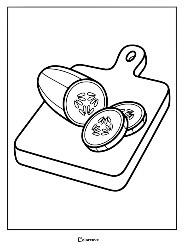 A cucumber sliced on a wooden cutting board, featured in a Healthy Food coloring page.