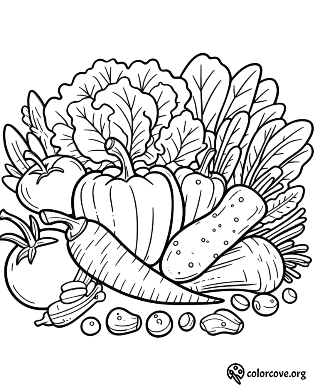 Vegetable coloring page featuring carrots, peppers, tomatoes, and leafy greens for kids and adults to enjoy.