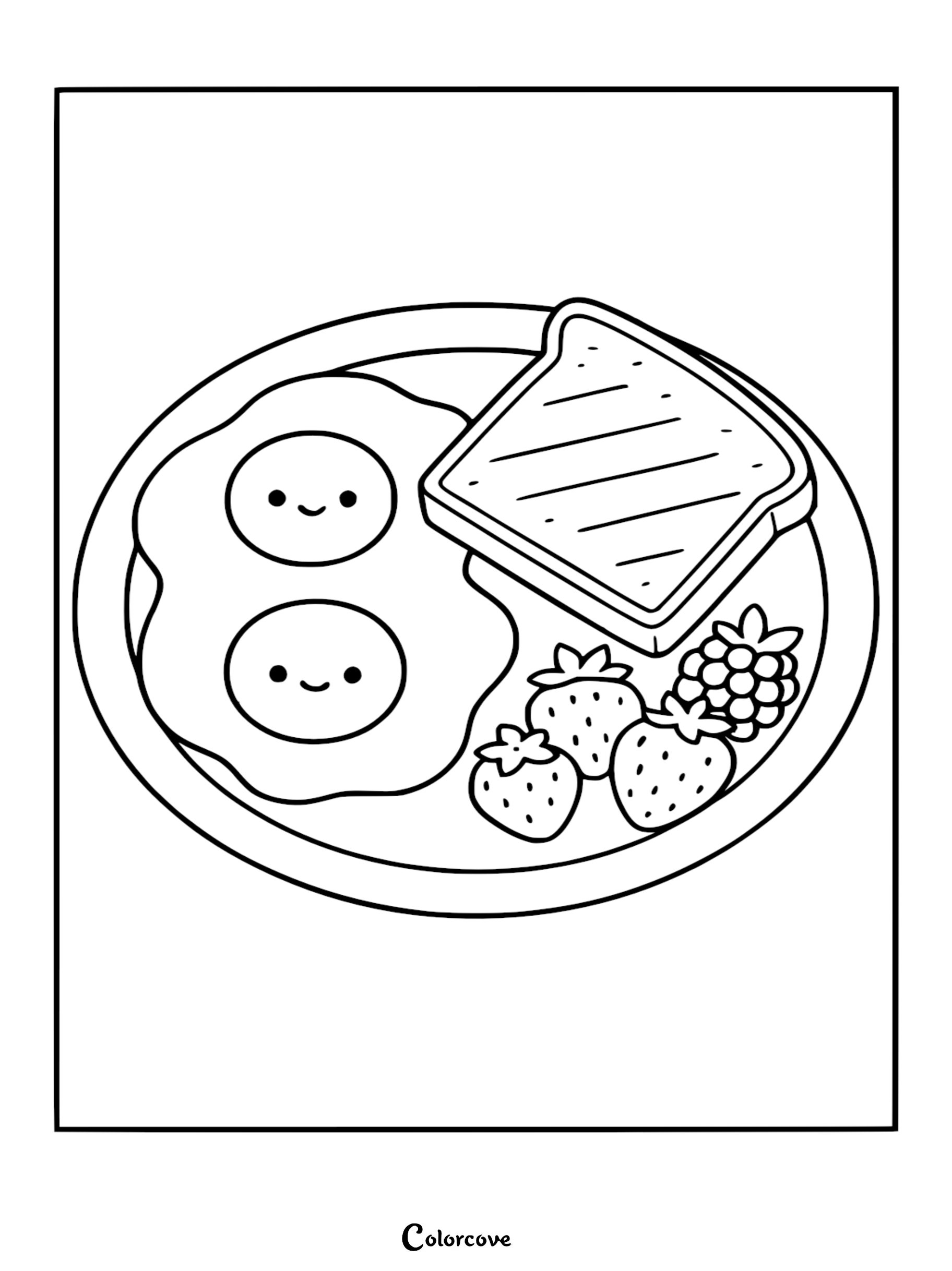 Healthy food coloring page featuring a plate with two sunny-side-up eggs, a slice of toast, and fresh berries.