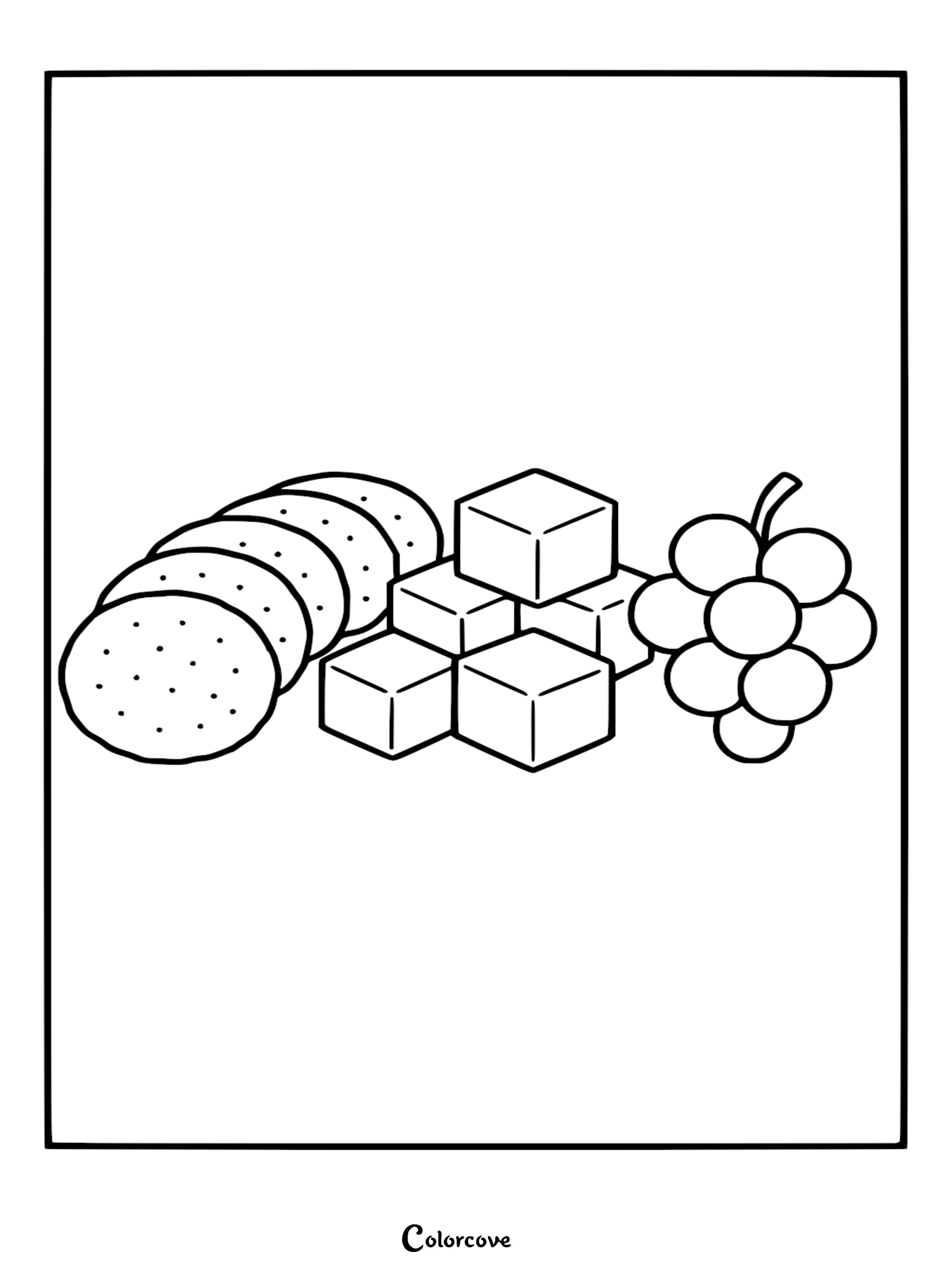 Healthy food coloring page featuring sliced bread, cheese cubes, and a bunch of grapes.
