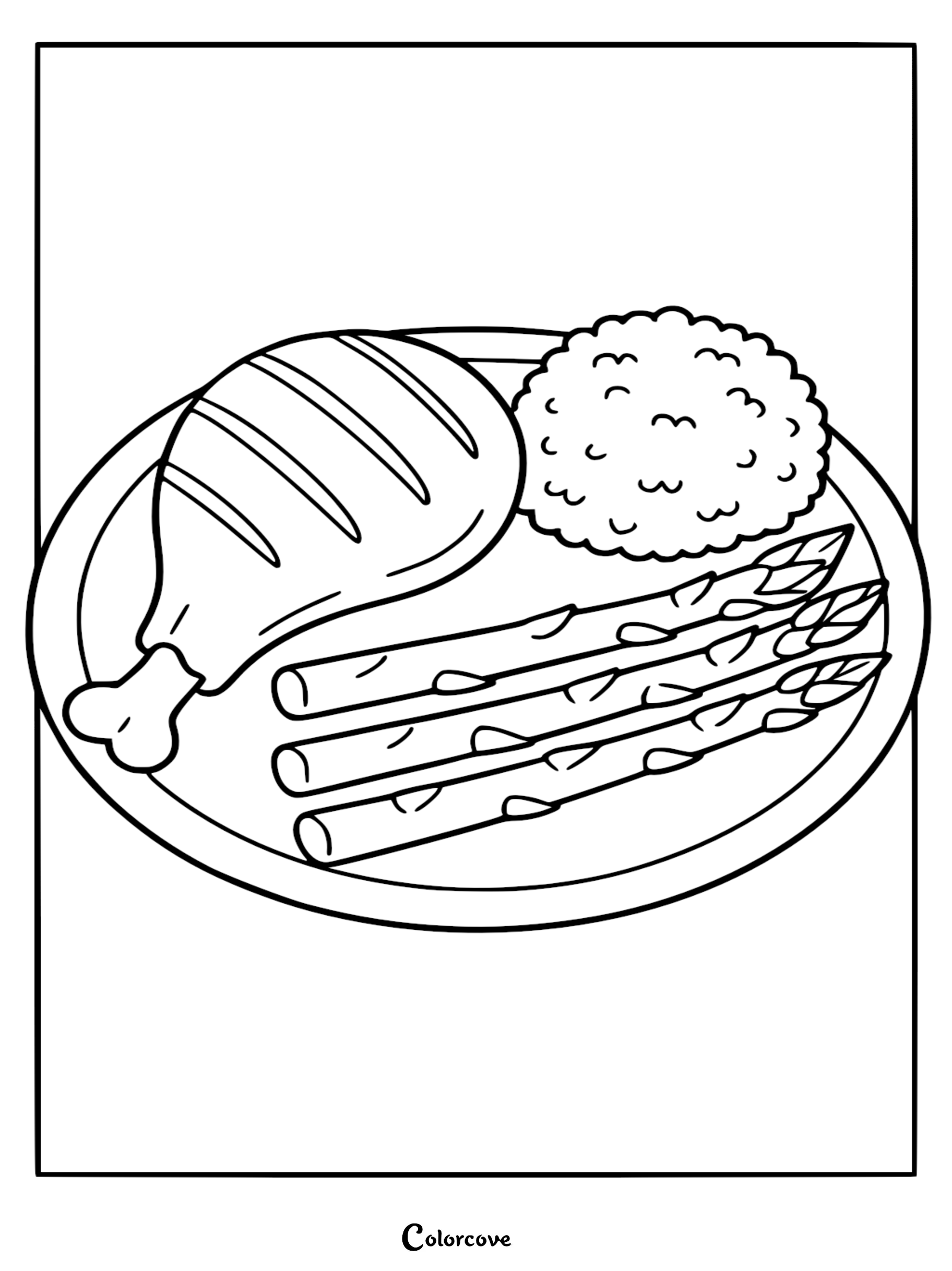 Healthy Food Coloring Page 72 featuring a grilled chicken leg, a scoop of rice, and fresh asparagus spears on a plate.