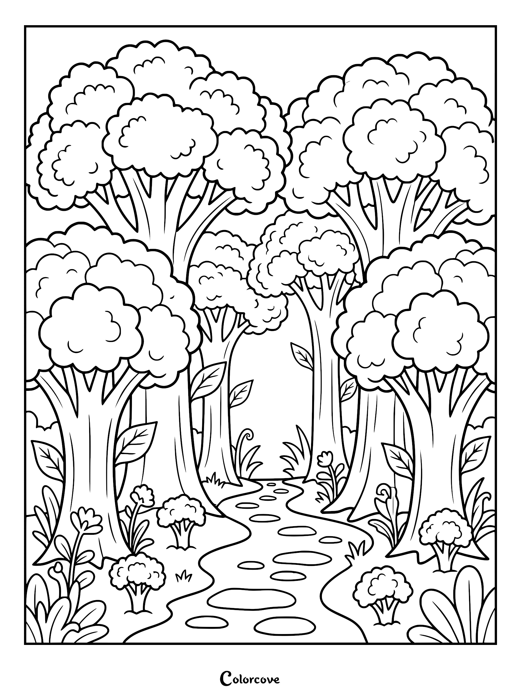 A whimsical broccoli forest coloring page featuring trees shaped like broccoli heads along a winding path.