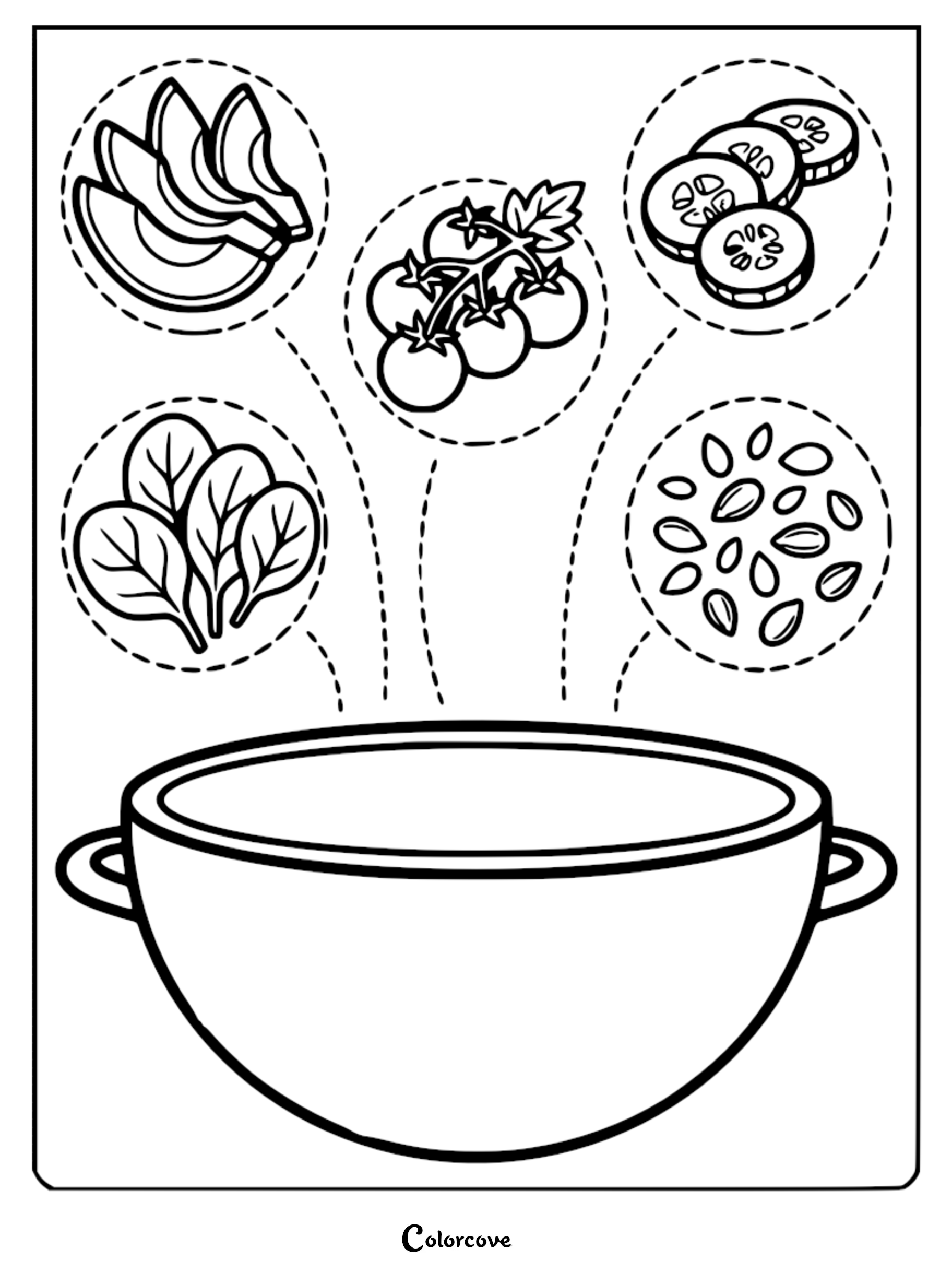 A build a salad coloring page featuring a large bowl with dashed lines connecting to fresh ingredients like avocado, tomatoes, cucumber, spinach, and seeds.