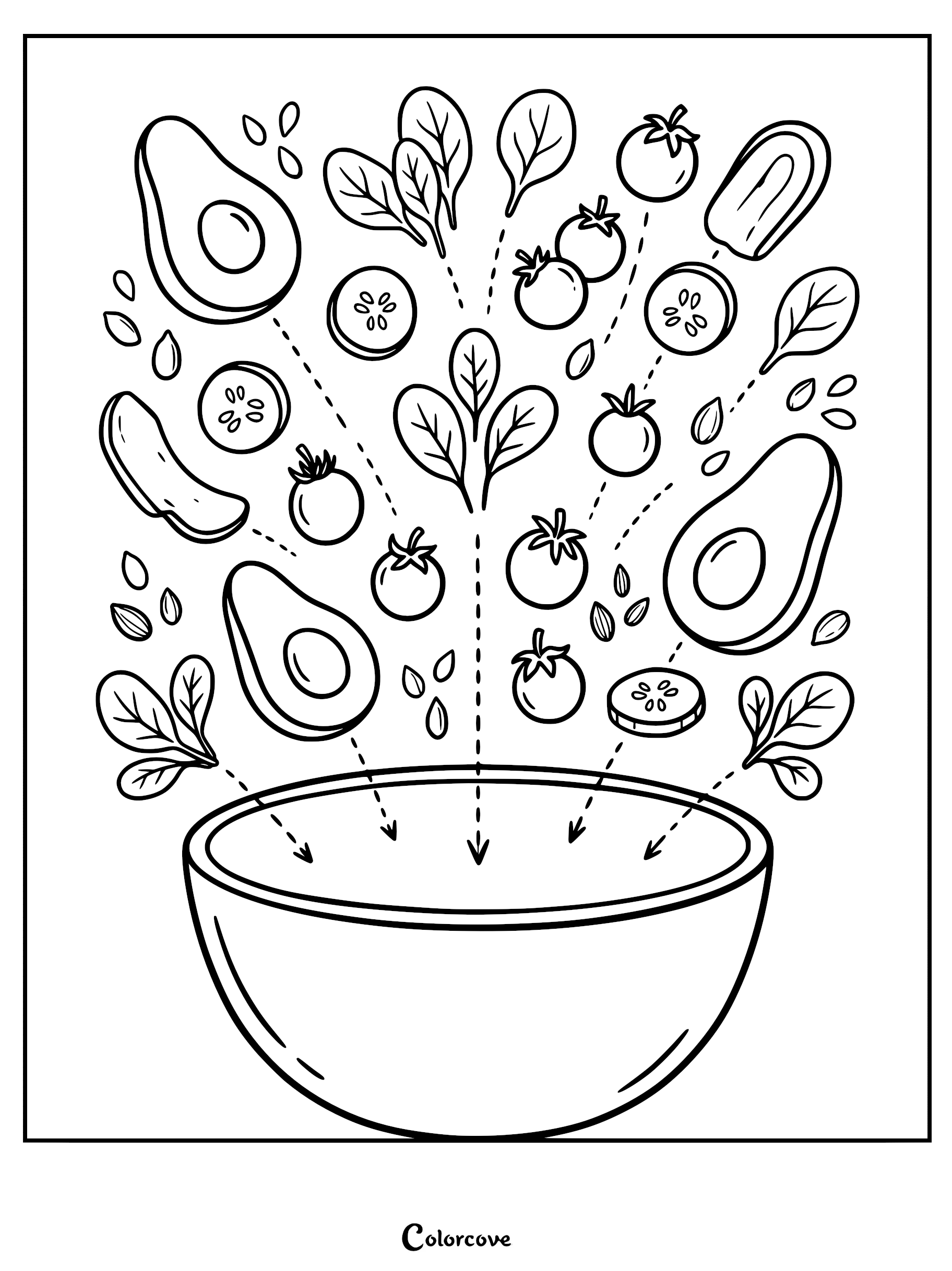 A build a salad coloring page featuring fresh avocado slices, cherry tomatoes, cucumber rounds, and spinach leaves falling into a large mixing bowl.