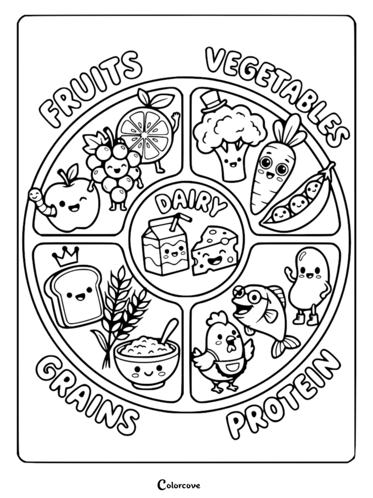 Cute cartoon food groups arranged on a healthy plate.