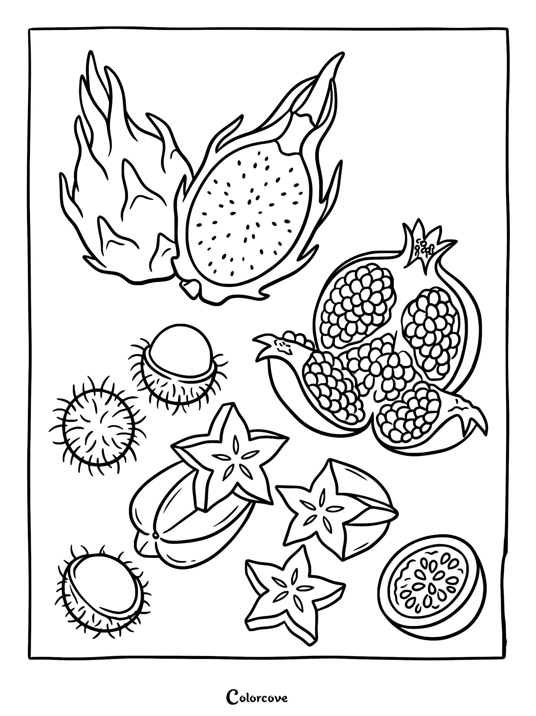 A detailed coloring page featuring an exotic fruits layout with dragonfruit, starfruit, pomegranate, and rambutan.
