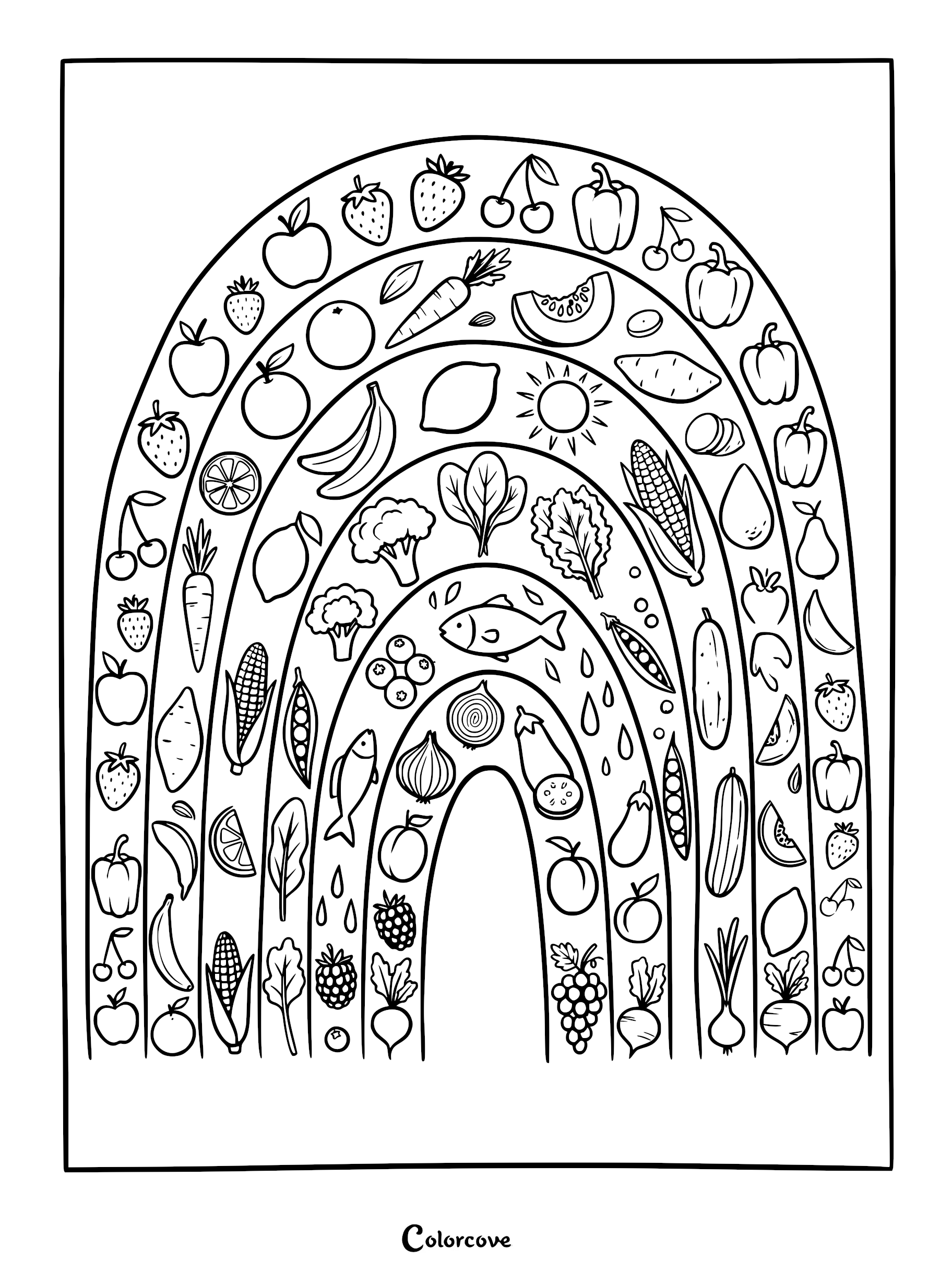 A detailed Food Rainbow coloring page featuring various fruits, vegetables, and fish arranged in an arched pattern.
