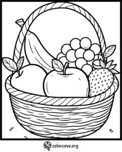 Coloring page of a fruit basket with apples, banana, grapes, and a strawberry. Perfect for kids' coloring activities.