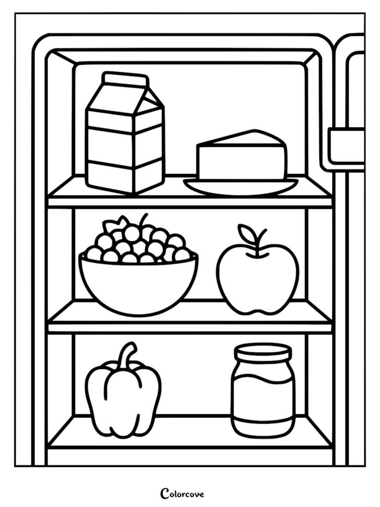 A refrigerator shelf coloring page featuring a milk carton, cheese, grapes, an apple, a bell pepper, and a jar.