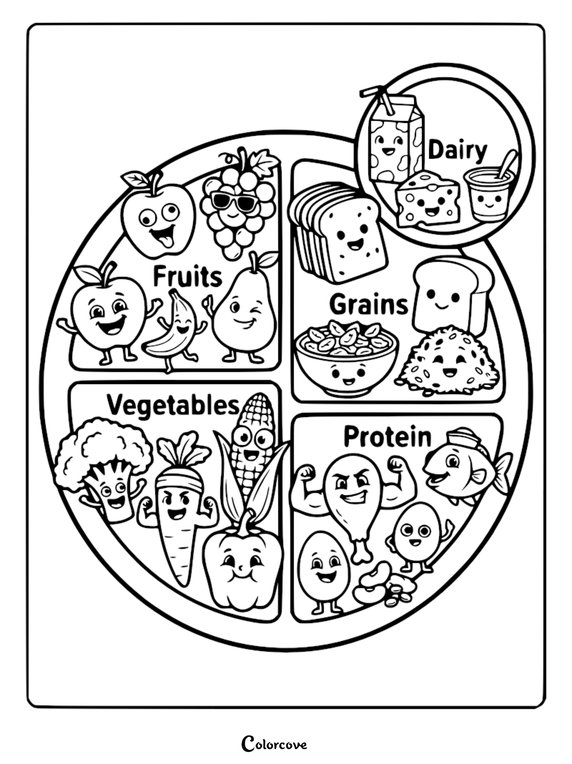 A MyPlate healthy food groups coloring page featuring cute animated fruits, vegetables, grains, protein, and dairy items.