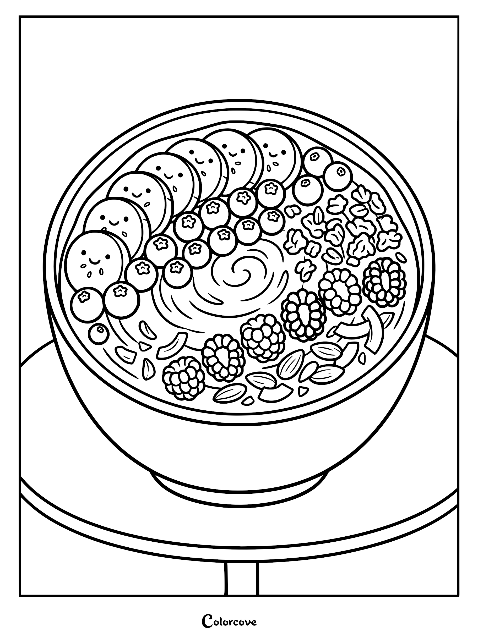A detailed coloring page of The Acai Smoothie Bowl featuring smiling banana slices, fresh blueberries, raspberries, and crunchy granola toppings.