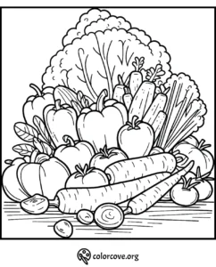 Vegetables coloring page featuring carrots, broccoli, and peppers for creative and educational fun.