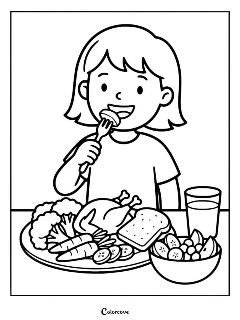 A girl eating a balanced meal of chicken, broccoli, carrots, and bread on a coloring page.