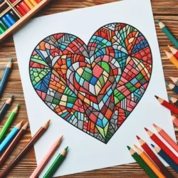 Coloring page featuring a mosaic heart design, surrounded by colored pencils on a wooden table.