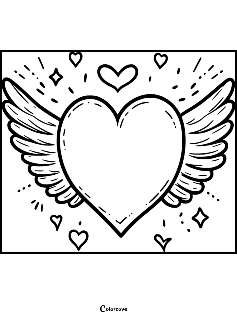 A heart coloring page featuring a large central heart with feathered wings surrounded by small floating hearts and sparkles.