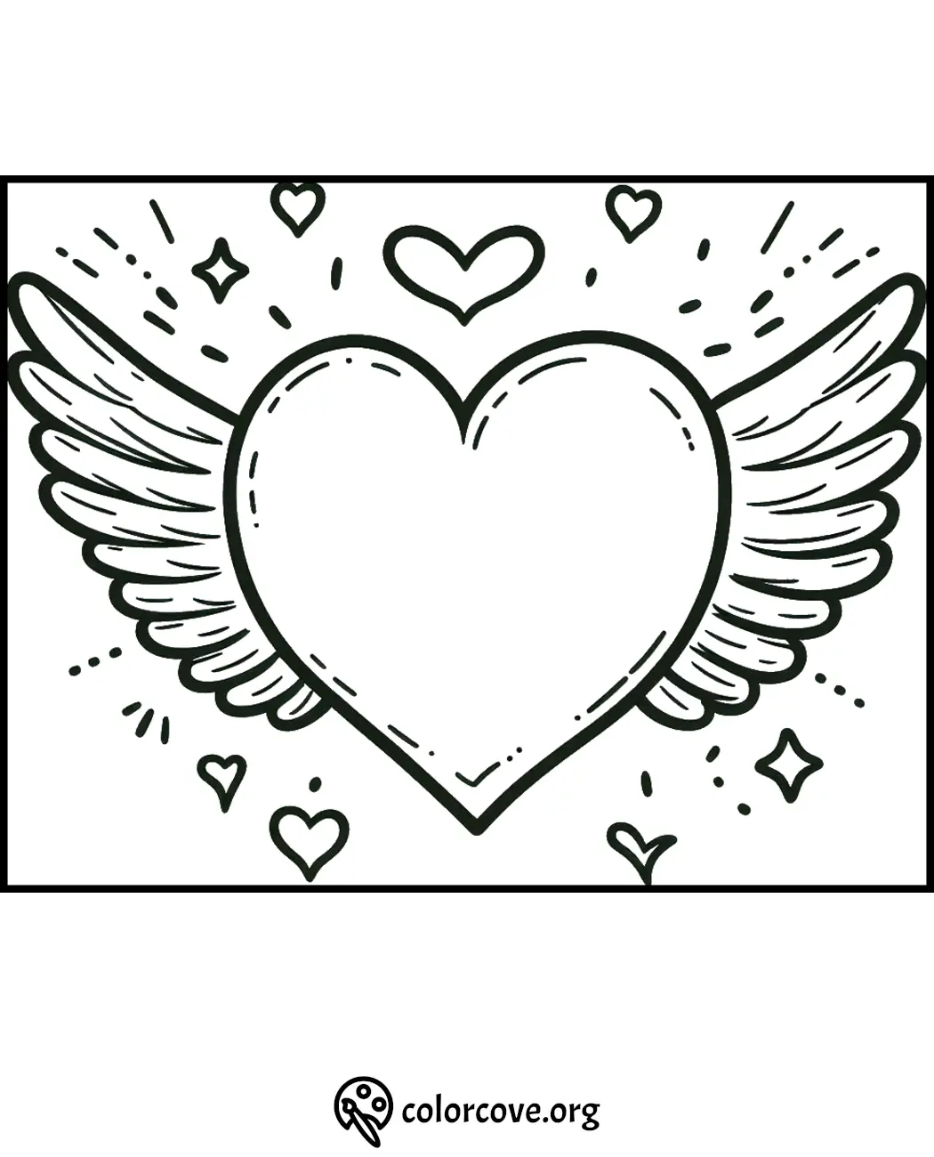 Heart coloring page with wings, stars, and hearts. Perfect for kids and adults to color and enjoy.