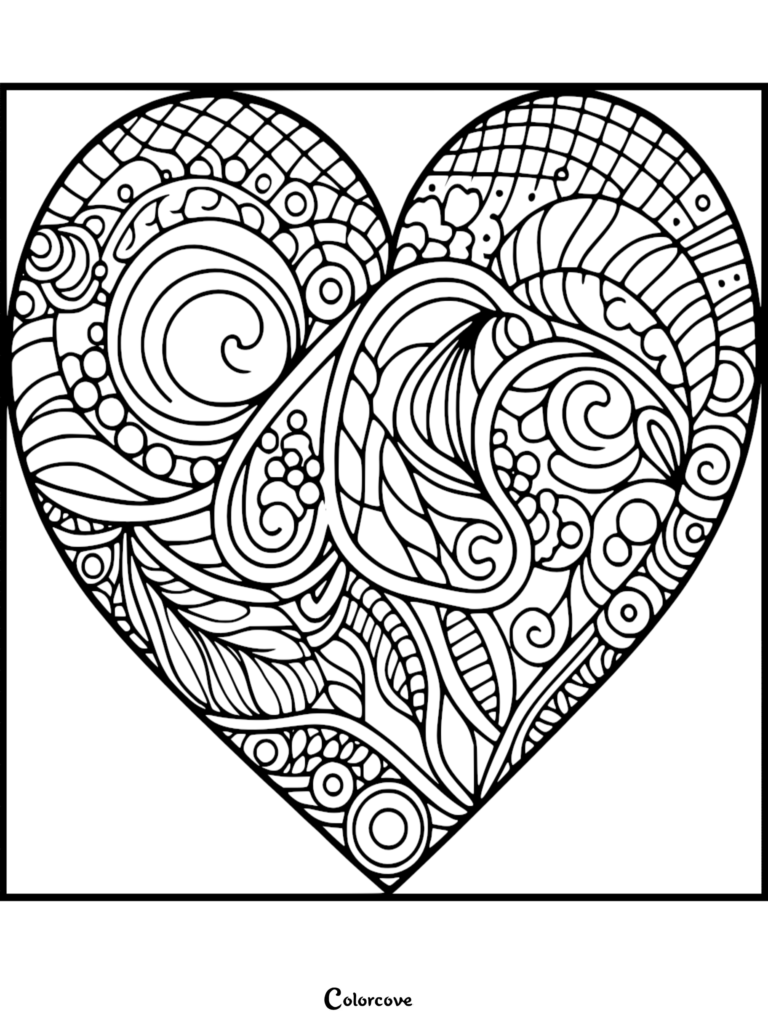 Intricate zentangle heart coloring page with swirling patterns and geometric shapes.