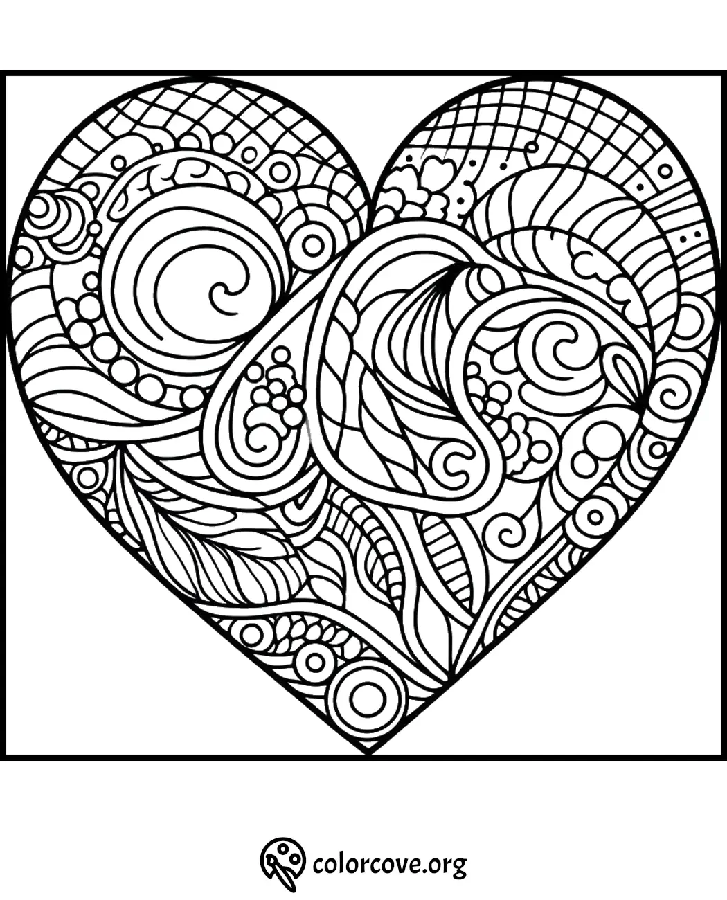 Intricate heart-shaped mandala coloring page with detailed patterns and swirls, perfect for relaxation and creativity.