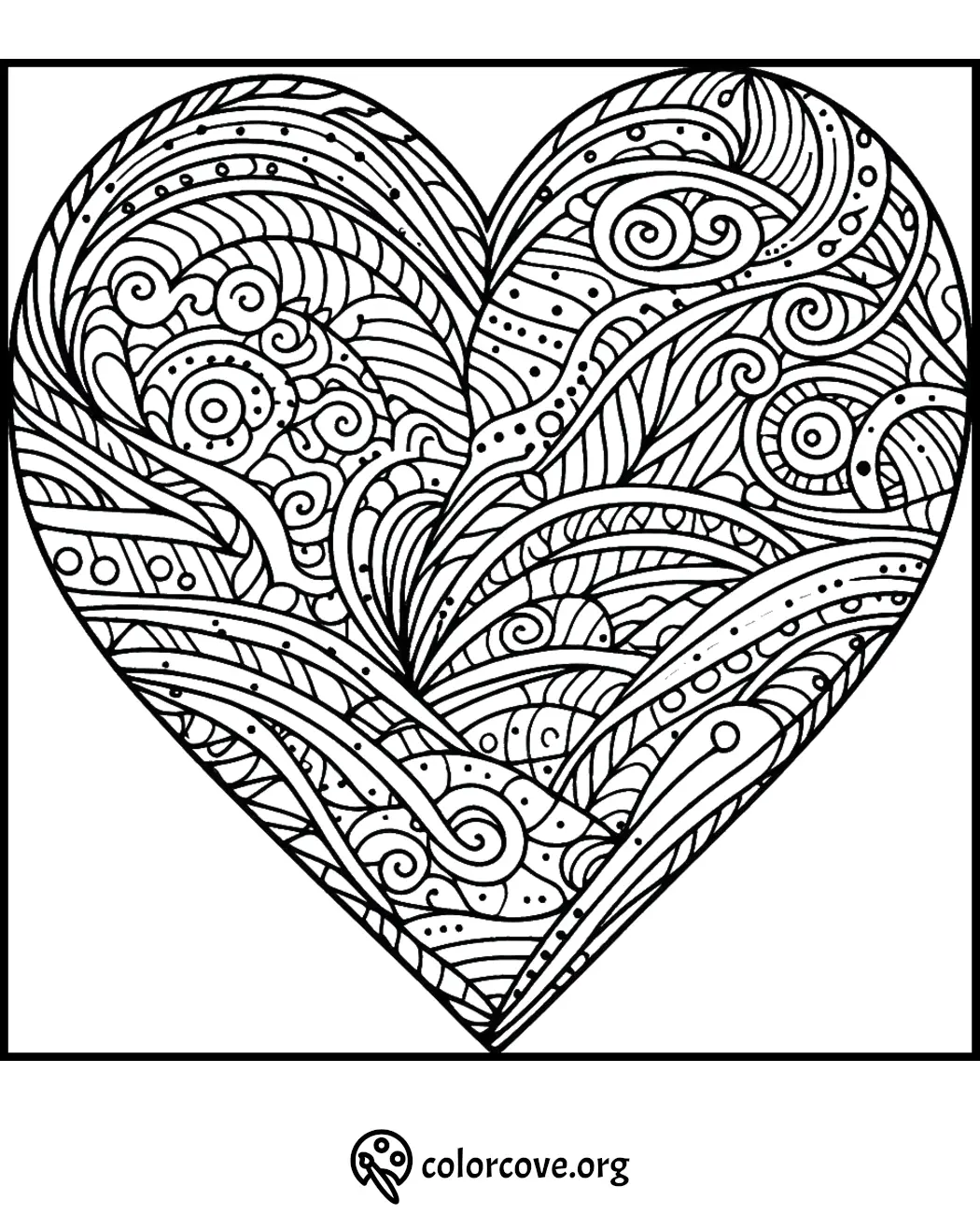 Intricate heart design coloring page with swirls and patterns for stress relief and relaxation.