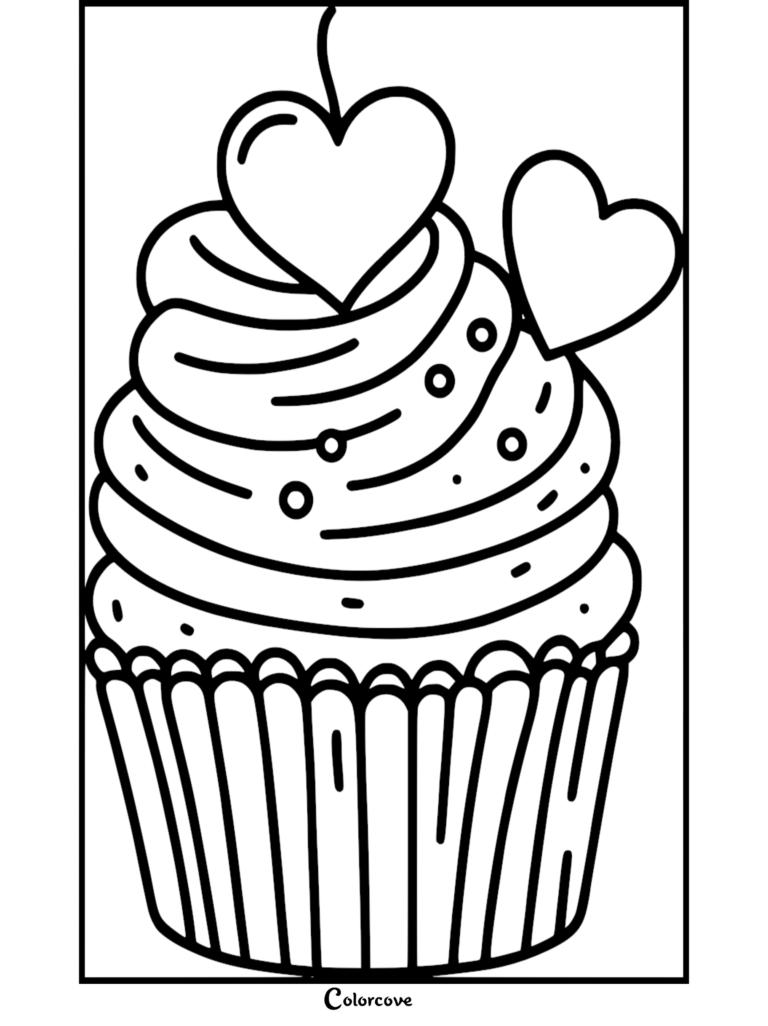 A cupcake topped with two heart-shaped decorations on this free printable coloring page.