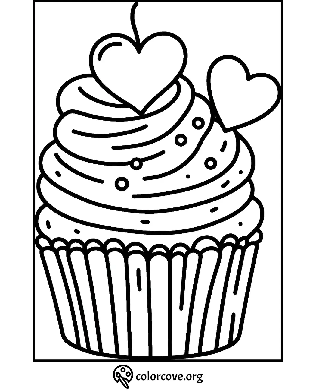 Cupcake coloring page with heart decorations, perfect for kids and adults.