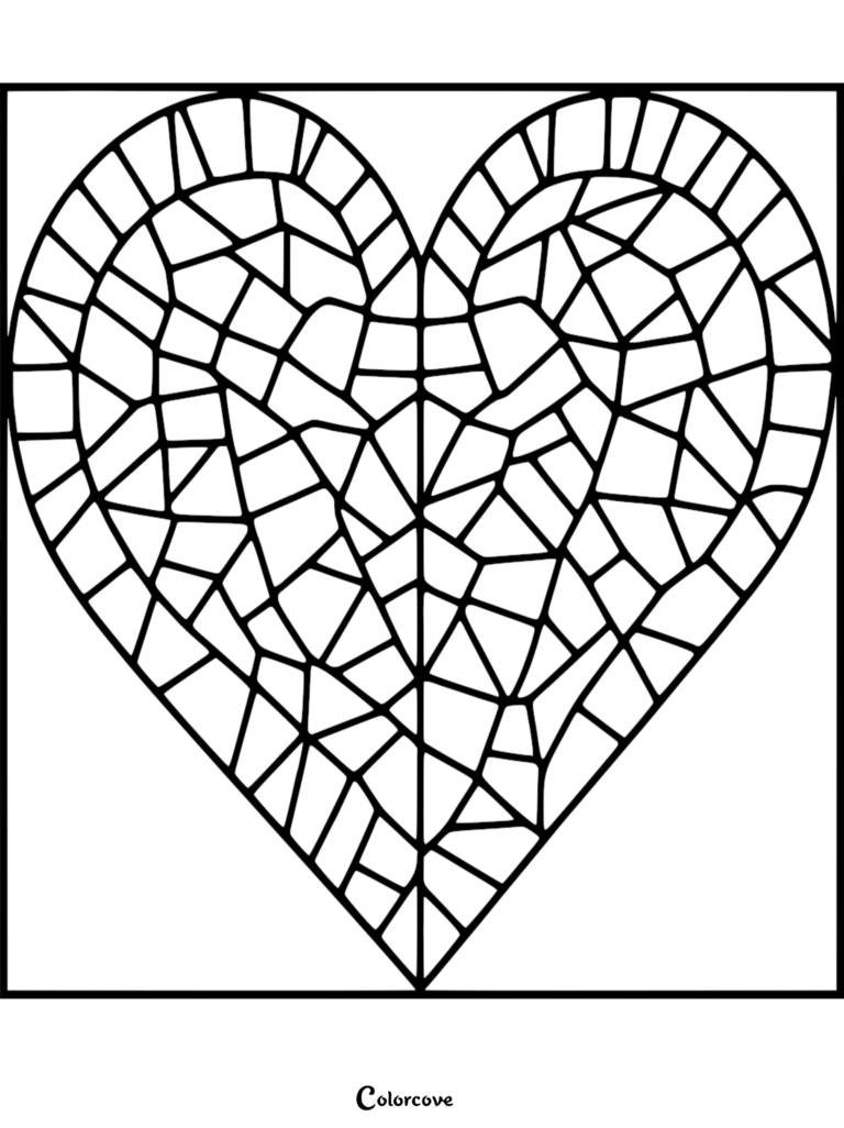 A mosaic style heart coloring page featuring intricate geometric stained glass patterns.