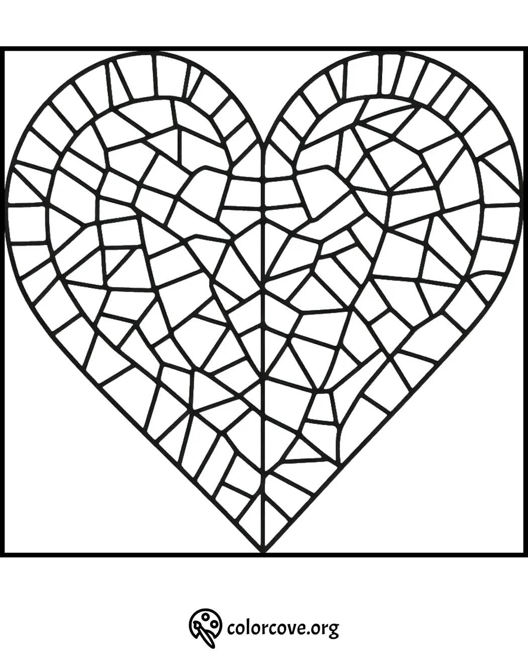 Heart-shaped mosaic coloring page for kids and adults, featuring intricate geometric patterns.