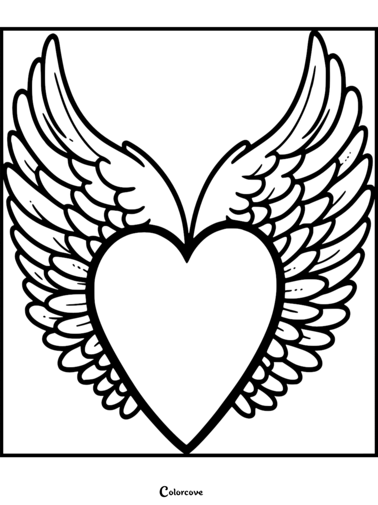 A heart with large feathered wings spread wide in a black and white coloring page design.
