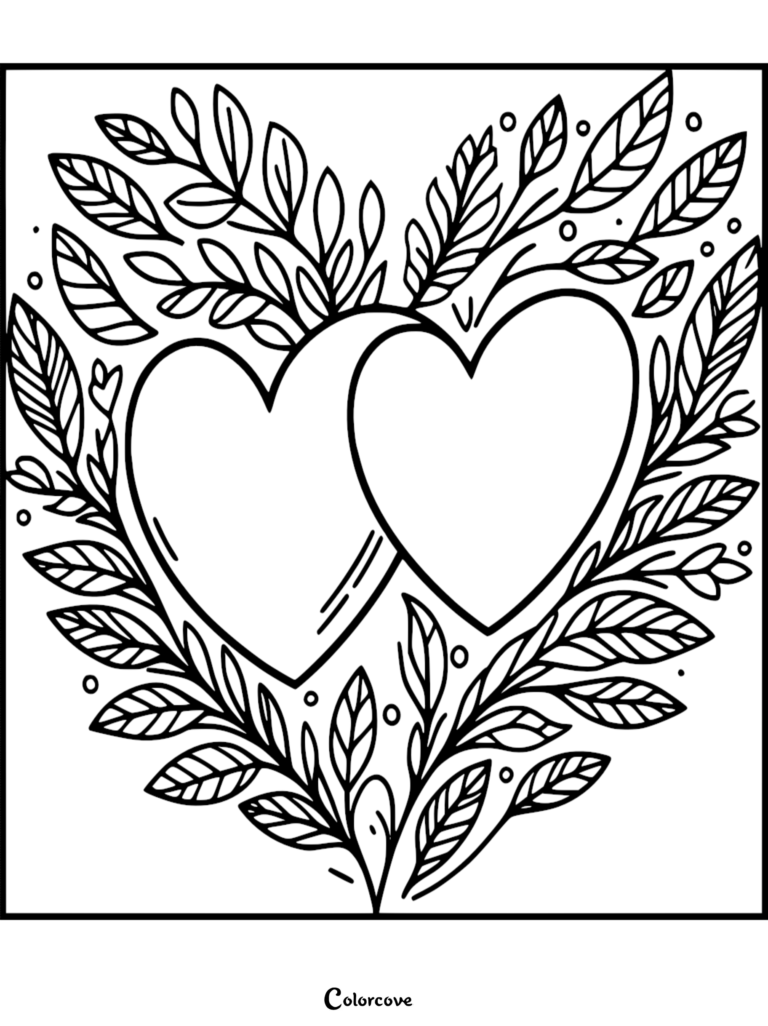 Two overlapping hearts surrounded by a leafy botanical wreath in this printable coloring page.