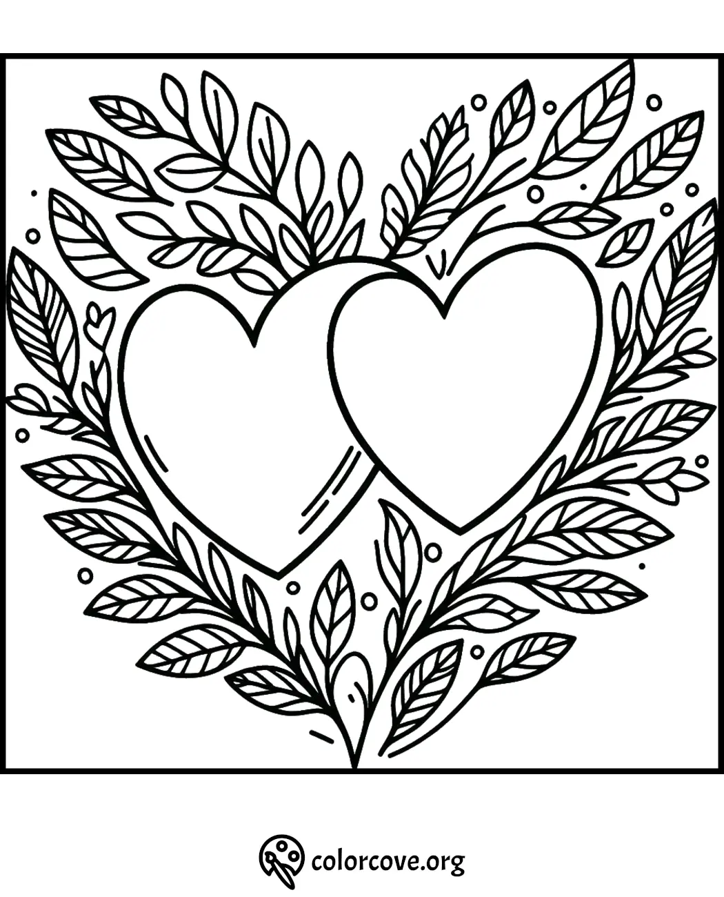 Heart-themed coloring page with two hearts surrounded by leaves, perfect for relaxation and creativity.