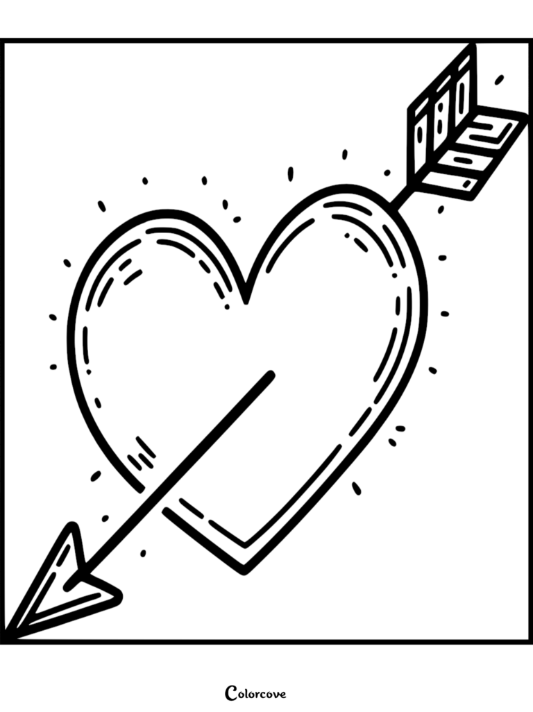 A simple line art coloring page featuring a large heart pierced by a Cupid arrow with decorative sparkles.