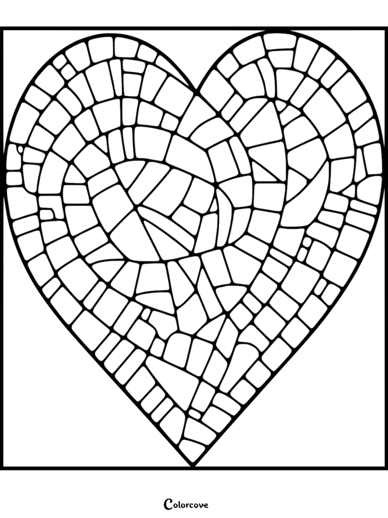 A mosaic style heart coloring page featuring intricate geometric segments for detailed artistic filling.