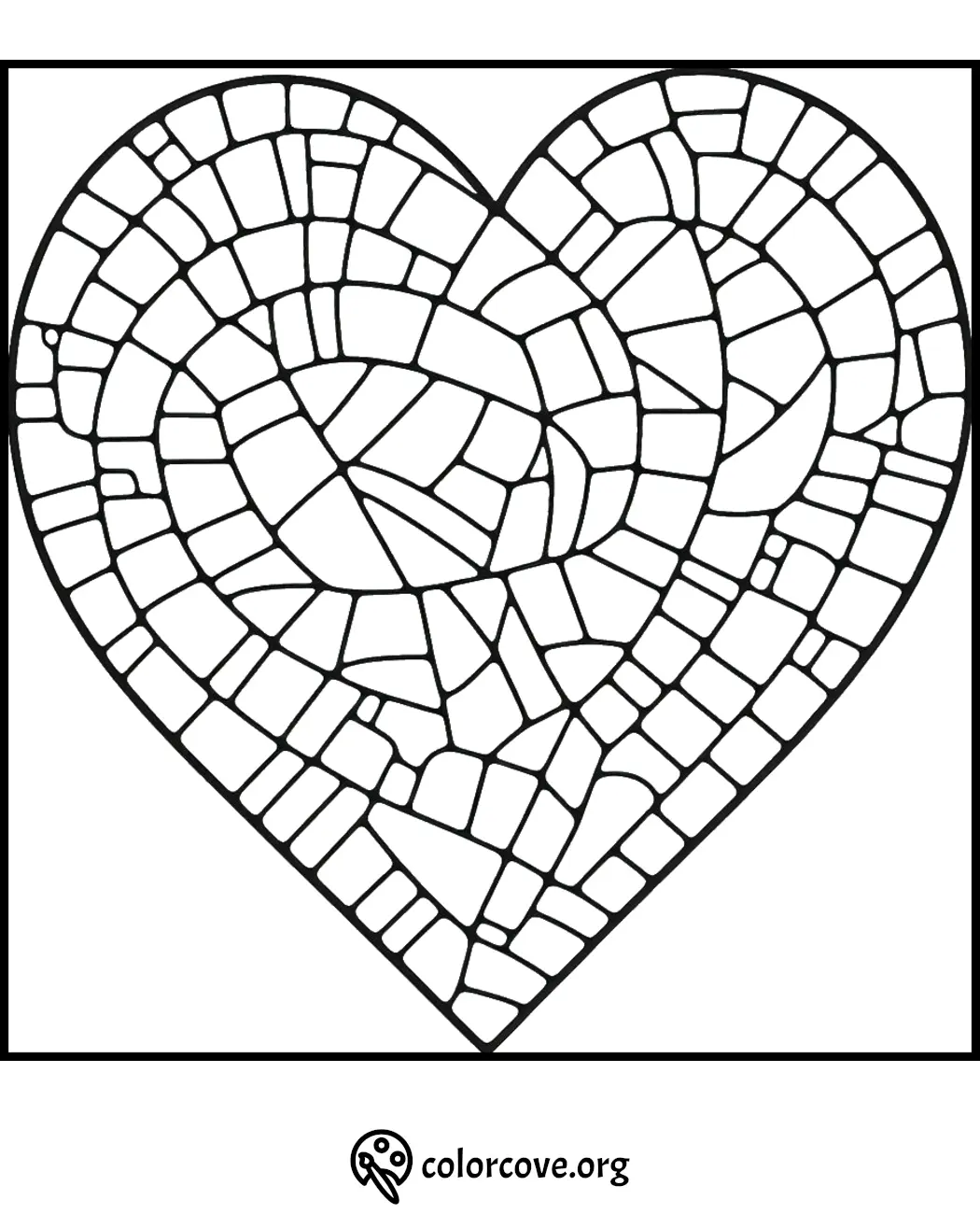 Mosaic heart coloring page with intricate patterns for creative coloring activities.