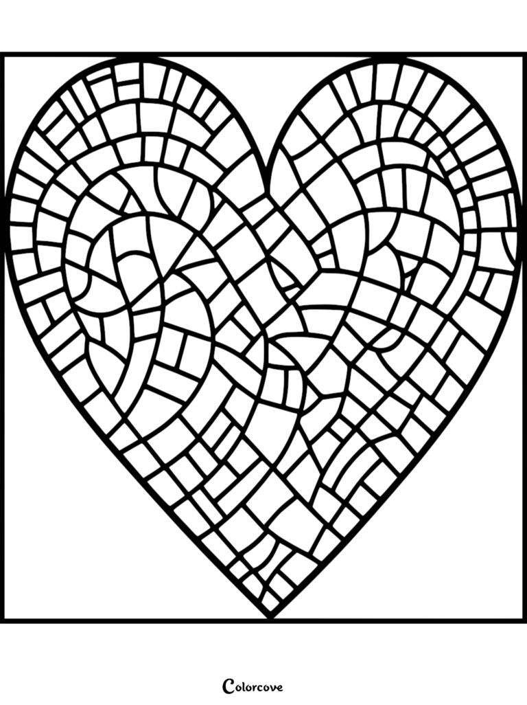 A mosaic style heart coloring page featuring intricate geometric segments and bold black outlines.