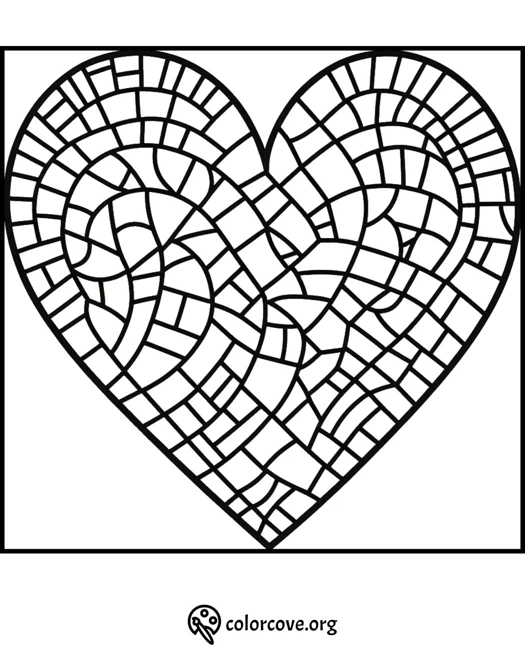 Mosaic heart coloring page with intricate patterns for stress relief and creativity.