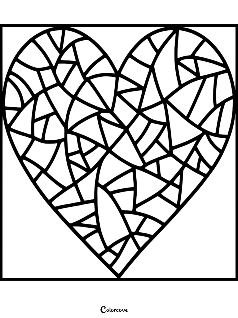 A stained glass style heart coloring page featuring geometric mosaic segments.