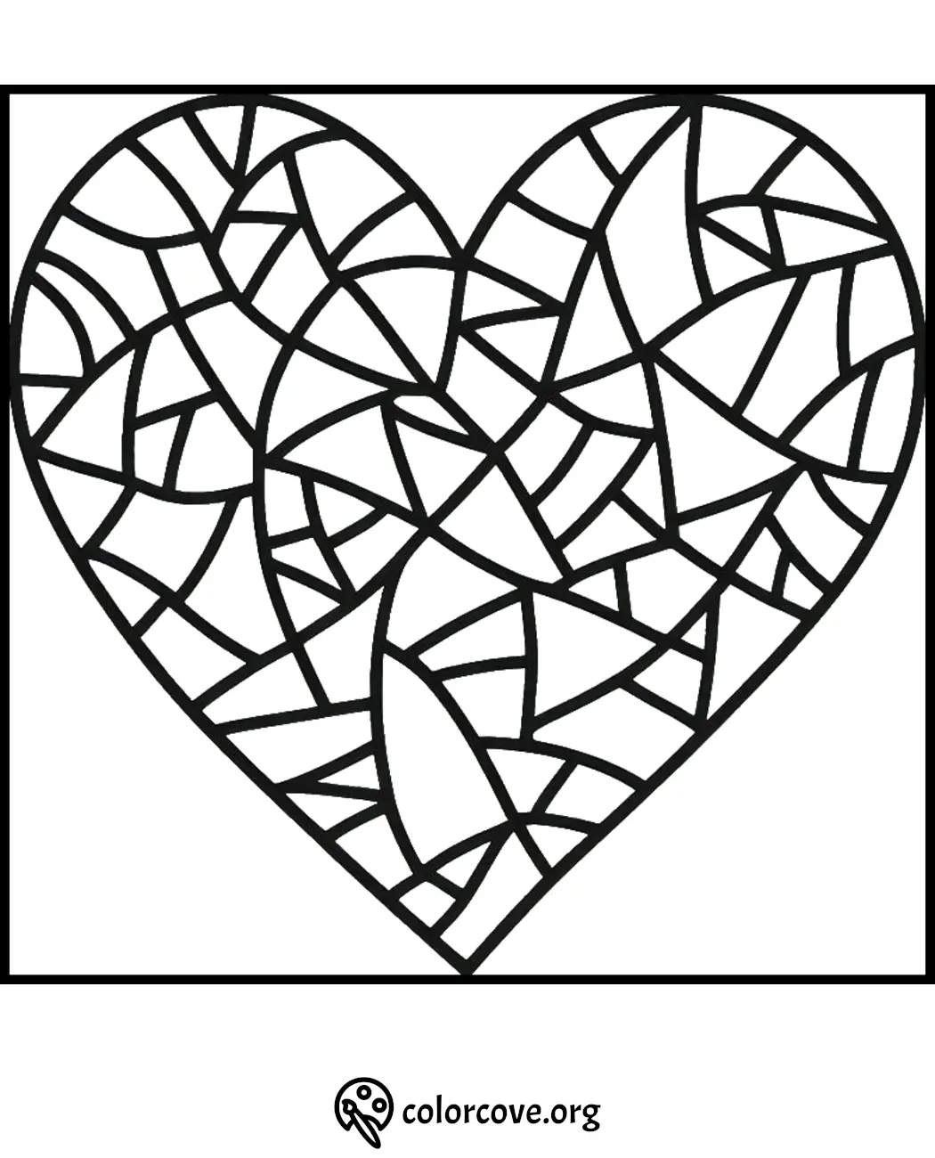 Intricate heart-shaped mosaic coloring page for creativity and relaxation. Perfect for art enthusiasts.