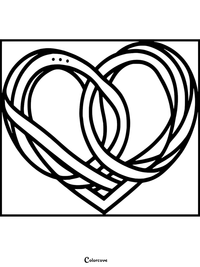 A stylized heart coloring page featuring an intricate, ribbon-like knot design.