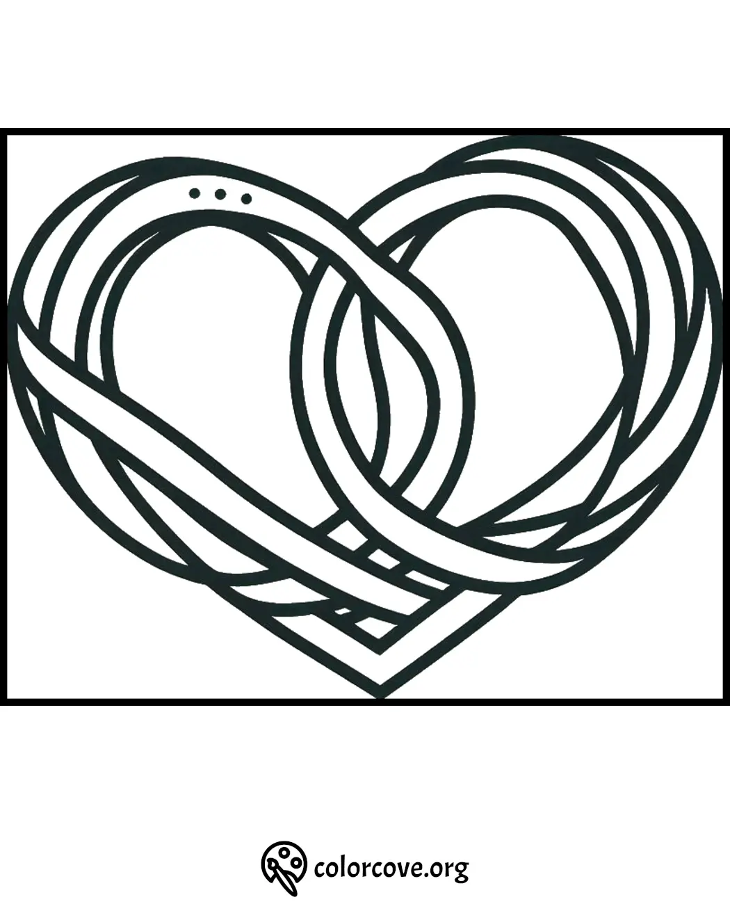 Intricate heart-shaped coloring page with intertwined lines for relaxation and creativity.