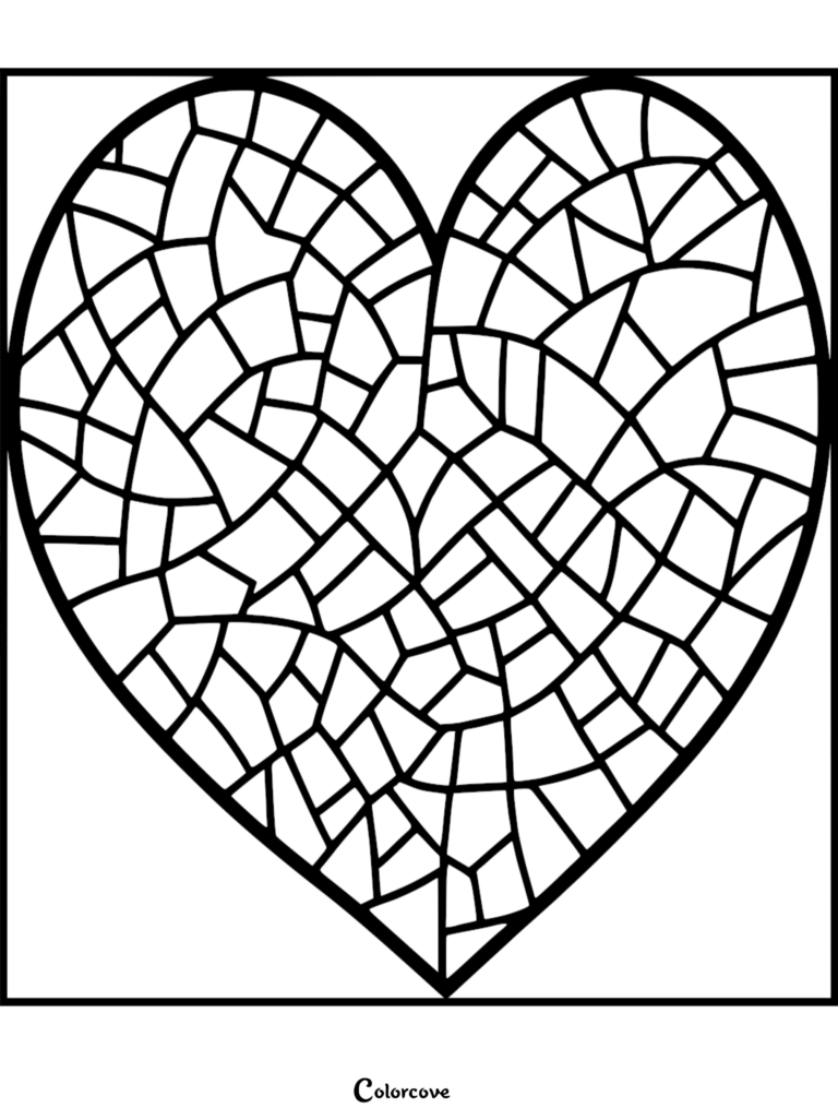 A stained glass style heart coloring page featuring intricate geometric mosaic patterns.