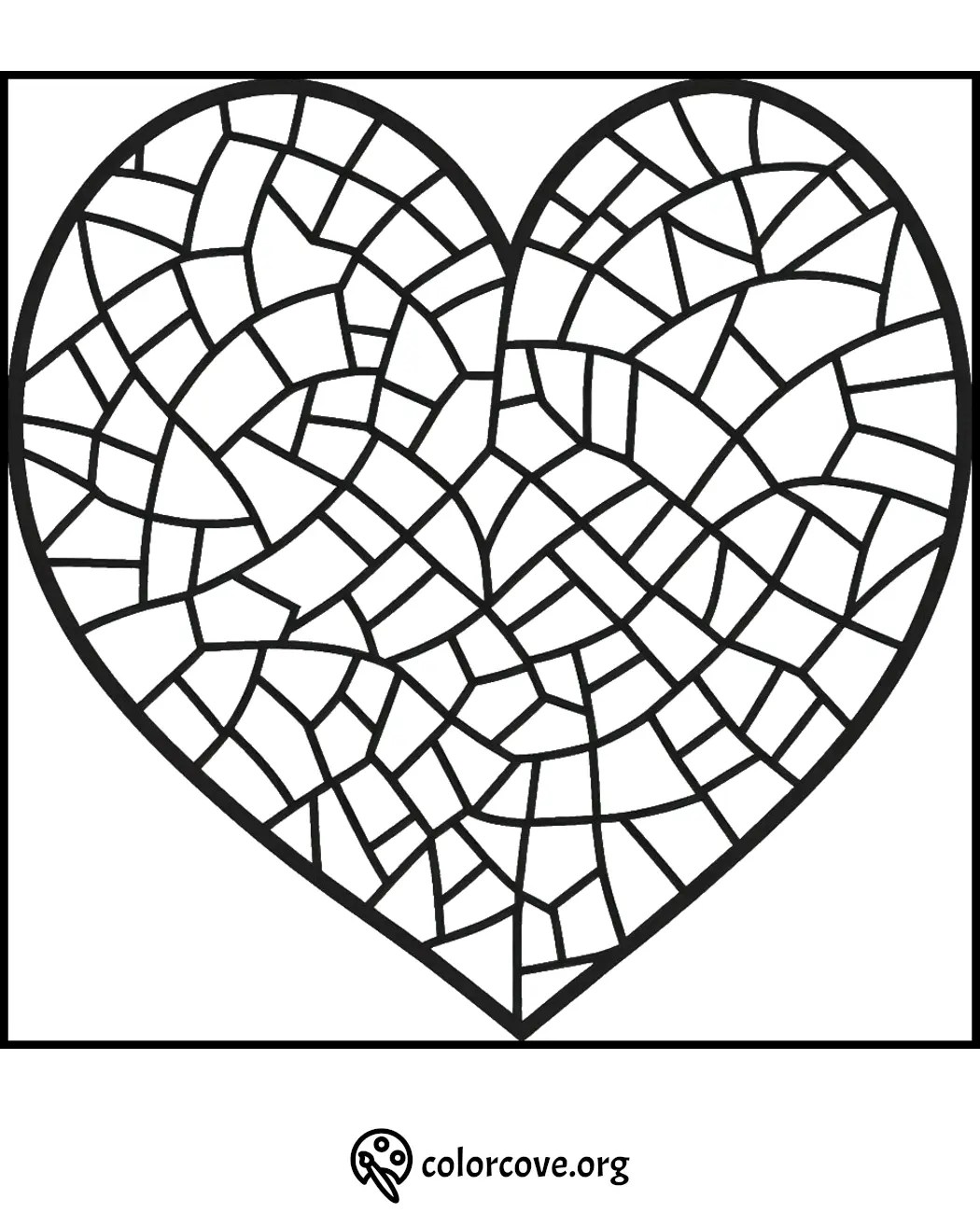 Intricate heart-shaped mosaic coloring page for stress relief and relaxation. Perfect for all ages.