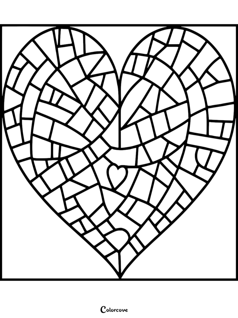 Geometric heart shape divided into many small stained glass sections.