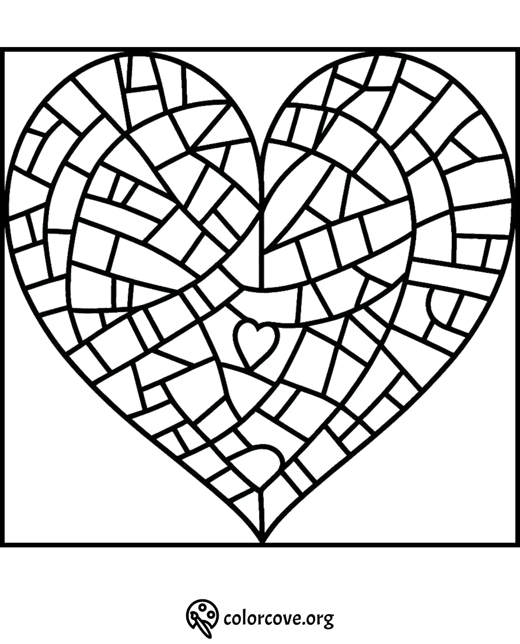 Heart-shaped mosaic coloring page with intricate patterns for relaxation and creativity.