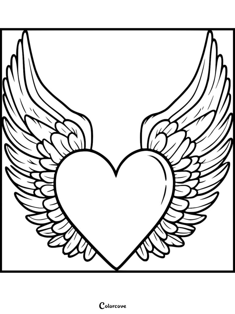 A heart with large feathered wings spread wide in this printable coloring page.