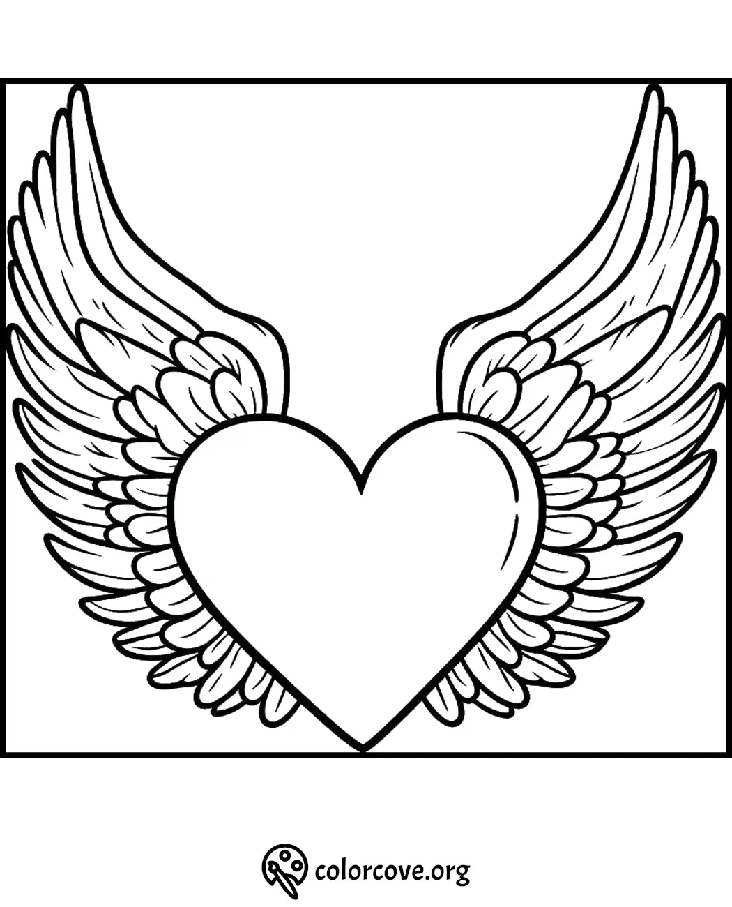 Heart with wings coloring page for kids and adults. Unique printable design for creative relaxation and fun.