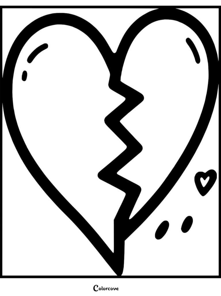 A bold line art coloring page featuring a large broken heart with a jagged crack down the center and a small heart icon nearby.