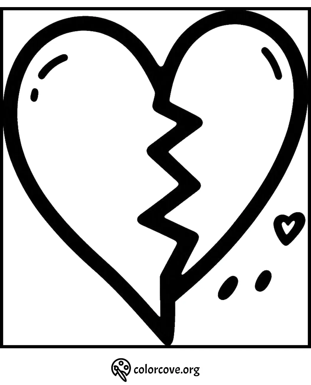 Broken heart coloring page with doodle accents, perfect for creative expression and relaxation.