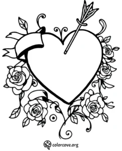 Heart and roses coloring page with an arrow and a blank banner, perfect for creative designs and personalization.
