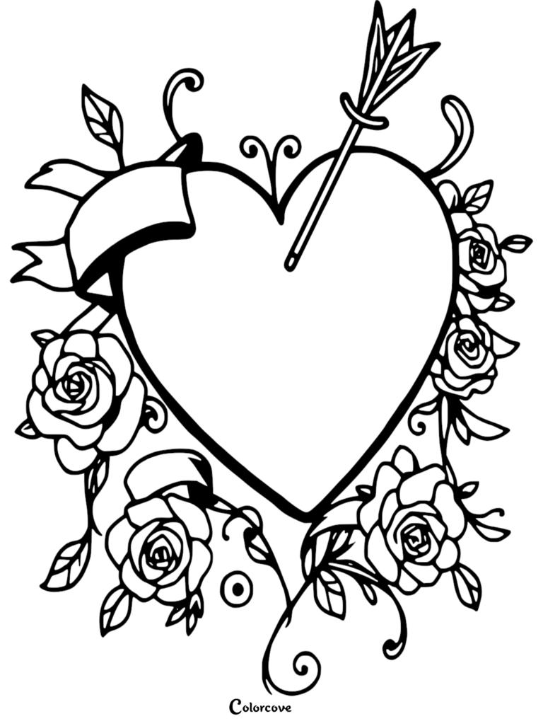 A heart coloring page featuring a heart pierced by an arrow, surrounded by roses and a blank banner.