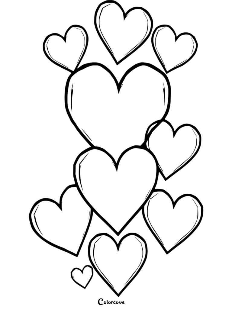 A collection of various sized hearts arranged in a vertical cluster on this free printable coloring page.